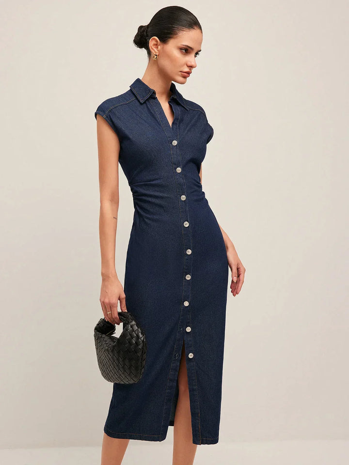 Penelope - Dark blue denim midi dress with button-down V-neck and sleeveless design for the office in summer