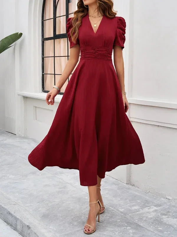 Phoebe - Women's midi dress with V-neck and puff sleeves
