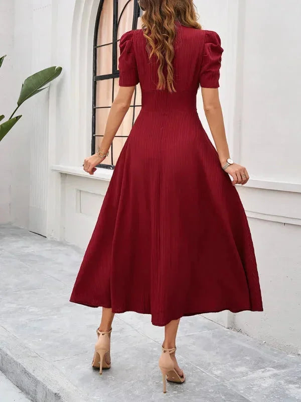 Phoebe - Women's midi dress with V-neck and puff sleeves