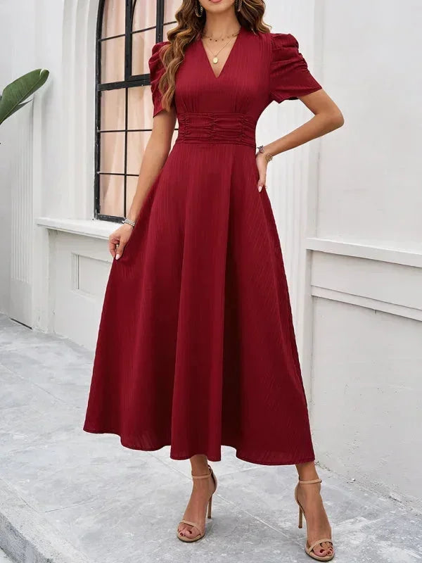 Phoebe - Women's midi dress with V-neck and puff sleeves