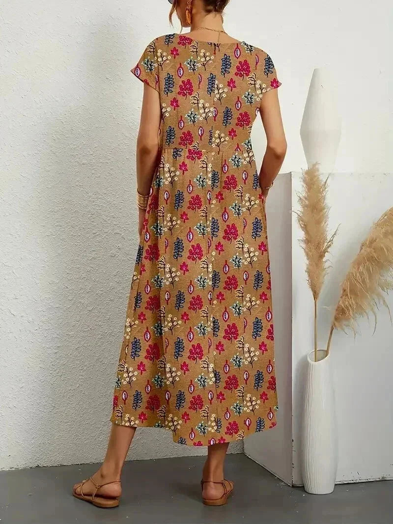 Patricia - Women's midi dress in floral print cotton with pockets