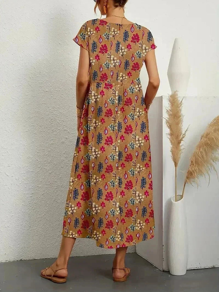 Patricia - Women's midi dress in floral print cotton with pockets