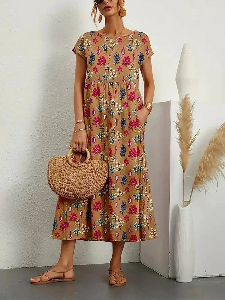 Patricia - Women's midi dress in floral print cotton with pockets
