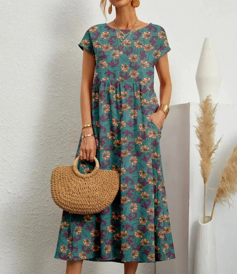 Patricia - Women's midi dress in floral print cotton with pockets