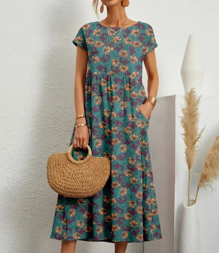 Patricia - Women's midi dress in floral print cotton with pockets