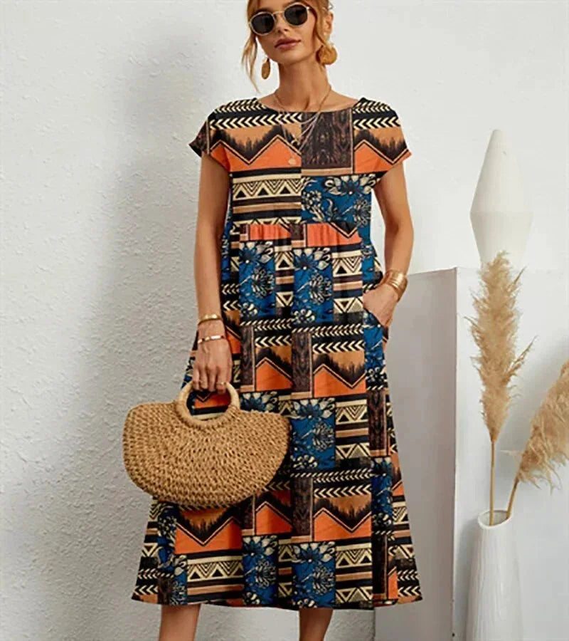 Patricia - Women's midi dress in floral print cotton with pockets