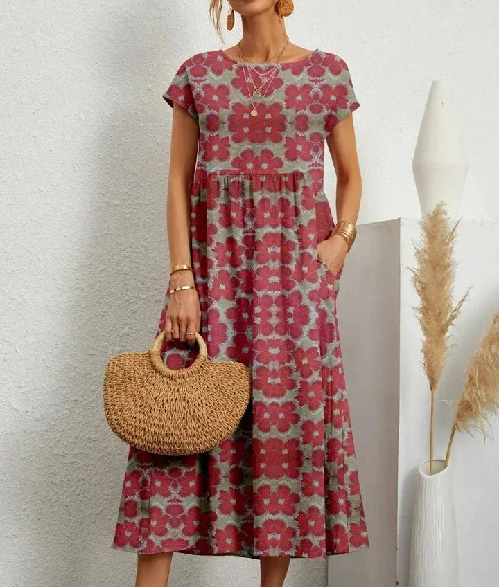 Patricia - Women's midi dress in floral print cotton with pockets