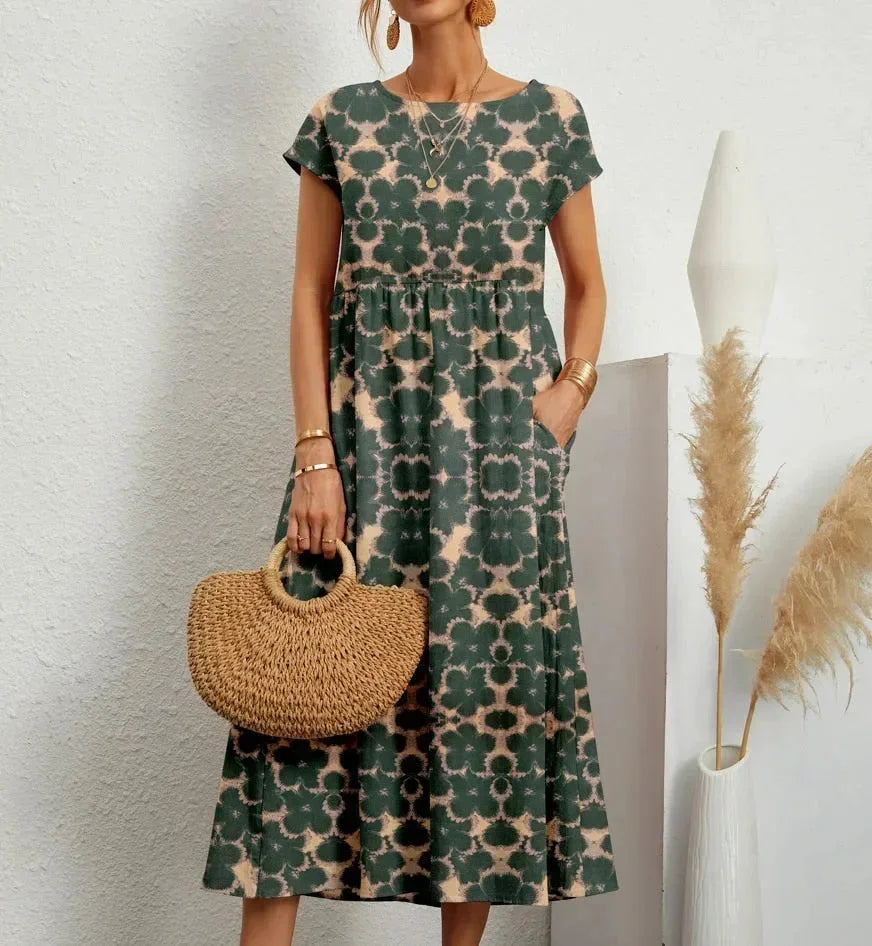 Patricia - Women's midi dress in floral print cotton with pockets