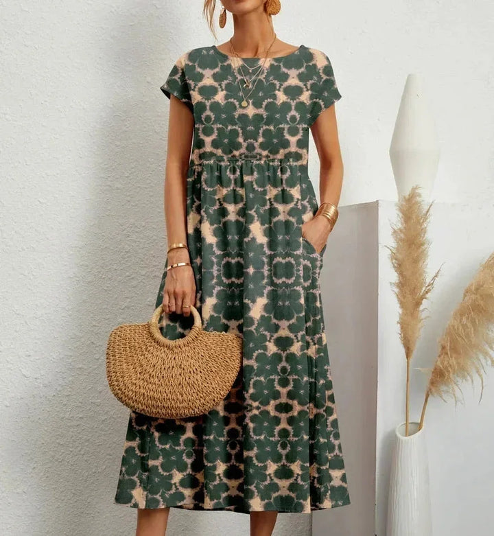 Patricia - Women's midi dress in floral print cotton with pockets