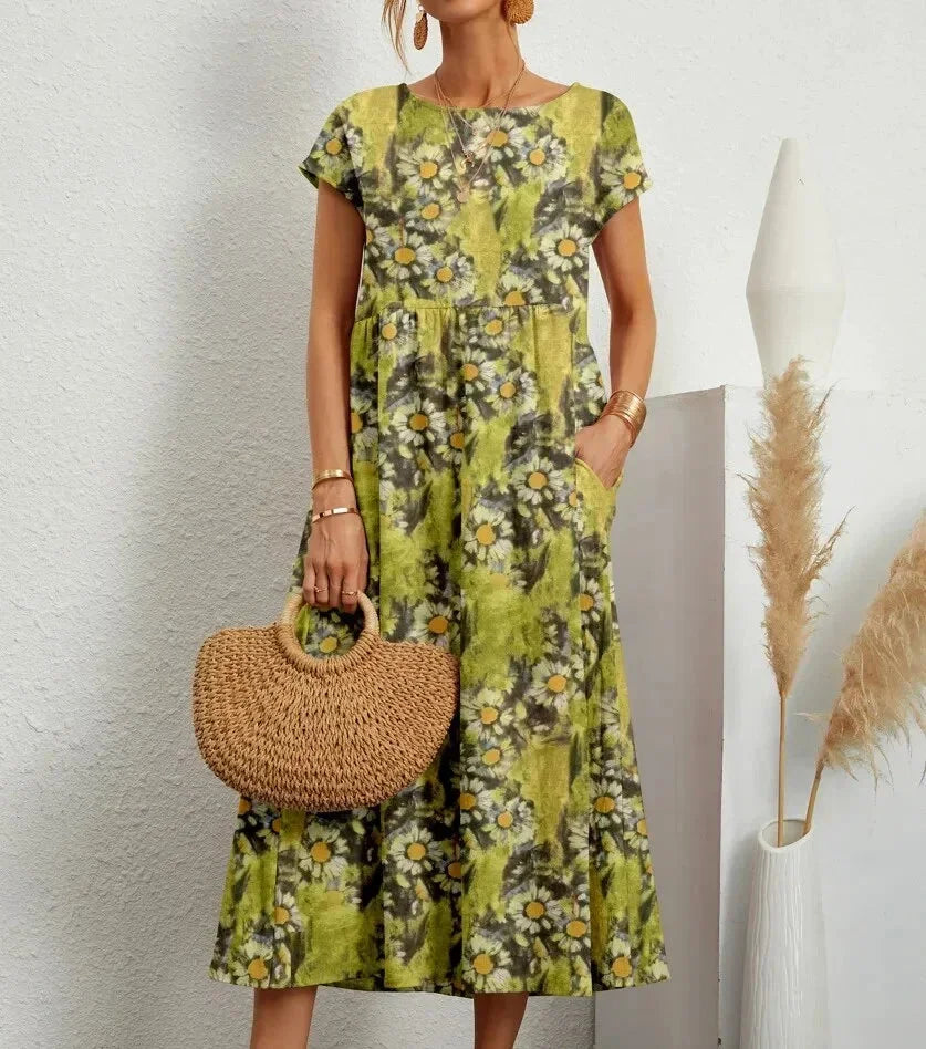 Patricia - Women's midi dress in floral print cotton with pockets