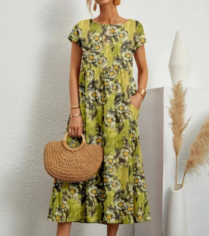 Patricia - Women's midi dress in floral print cotton with pockets