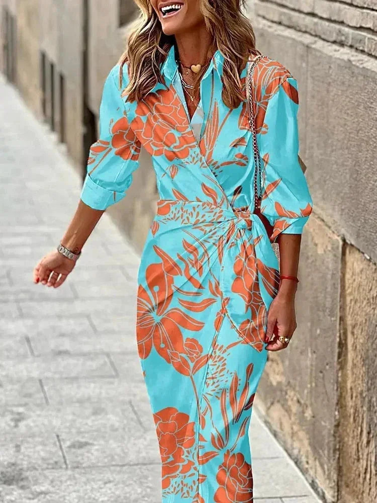 Scarlett - Women's long-sleeved wrap midi dress with geometric print