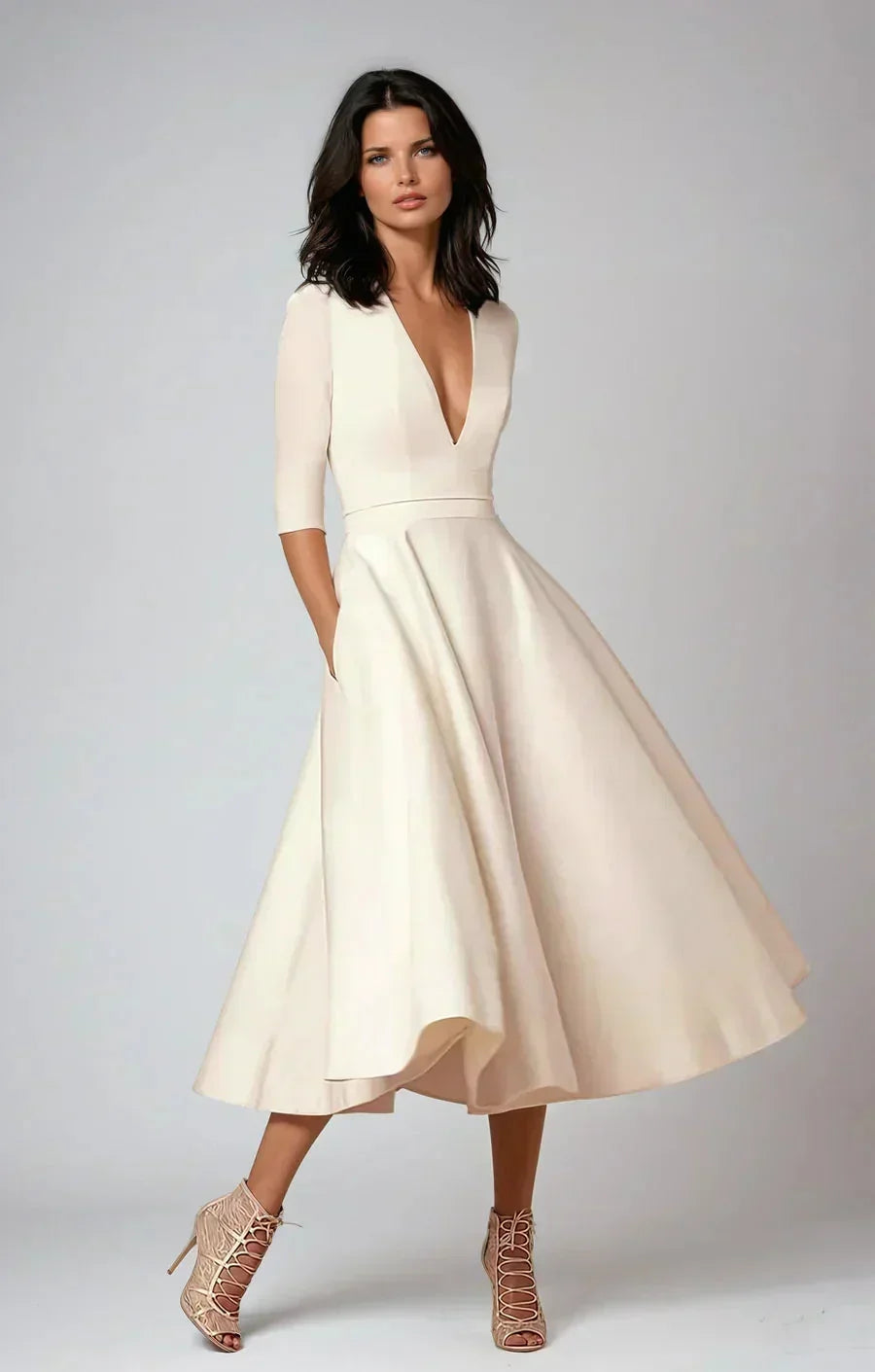 Daphne - Flared midi dress with V-neck, 3/4 sleeves and pockets