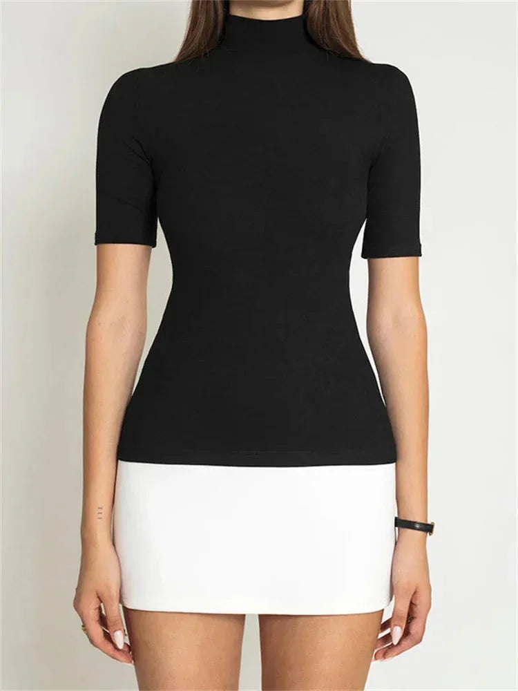 Charlotte - Women's short two-tone dress with turtleneck and short sleeves