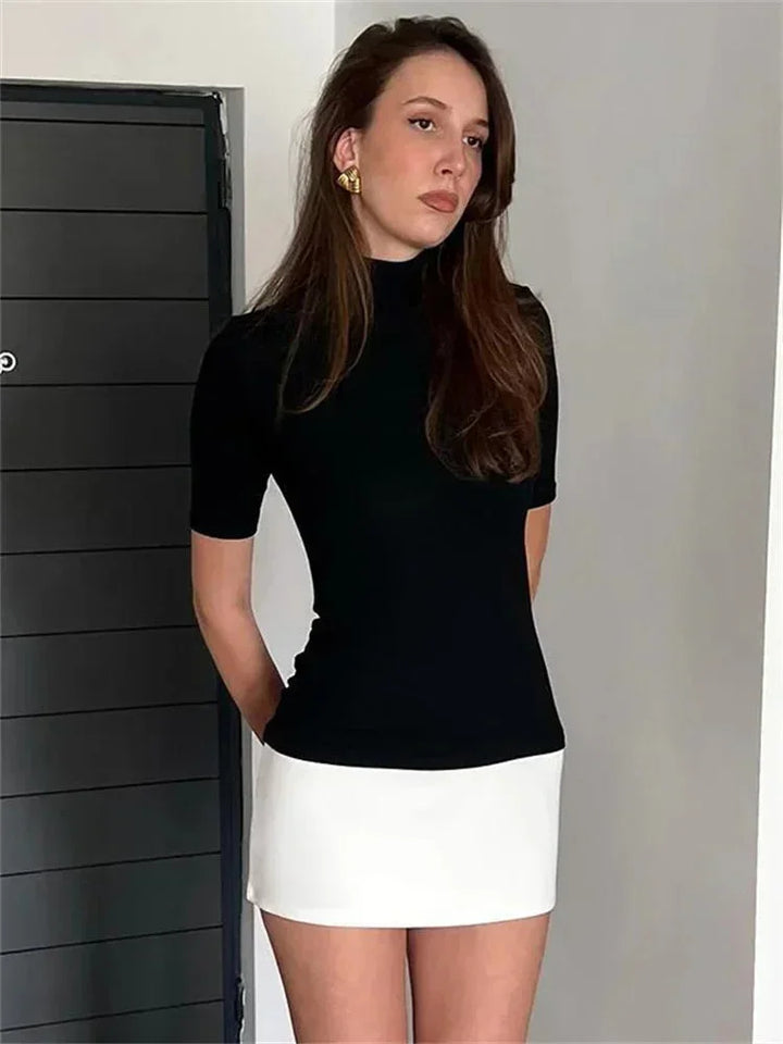 Charlotte - Women's short two-tone dress with turtleneck and short sleeves