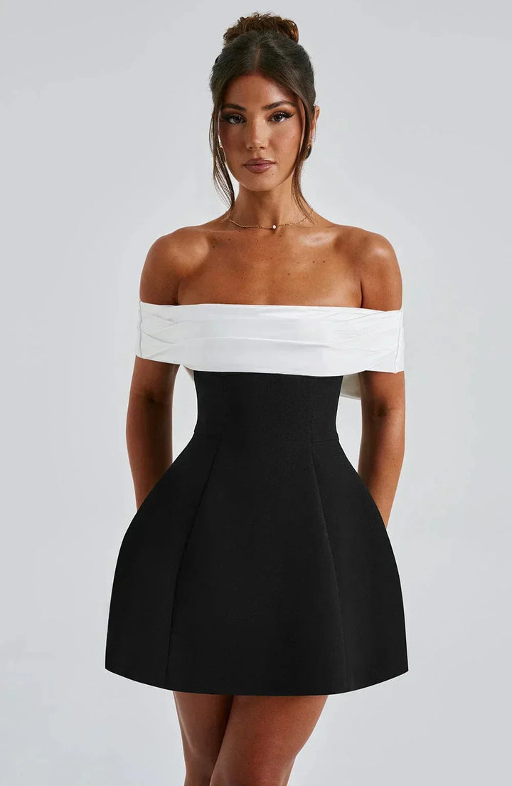 Nadia - Women's short two-tone off-the-shoulder dress with bow