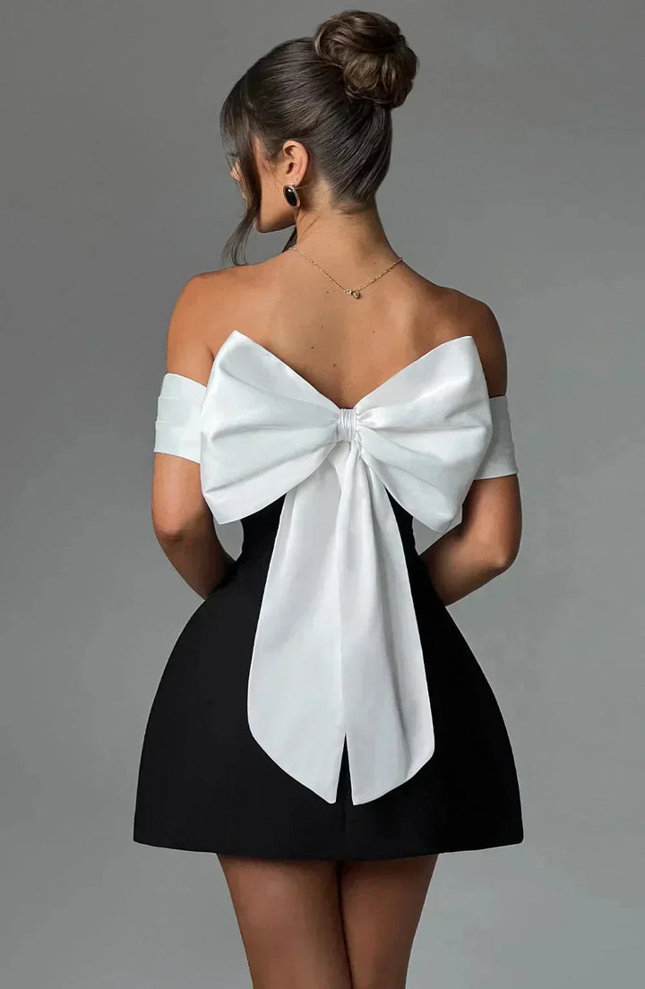 Nadia - Women's short two-tone off-the-shoulder dress with bow