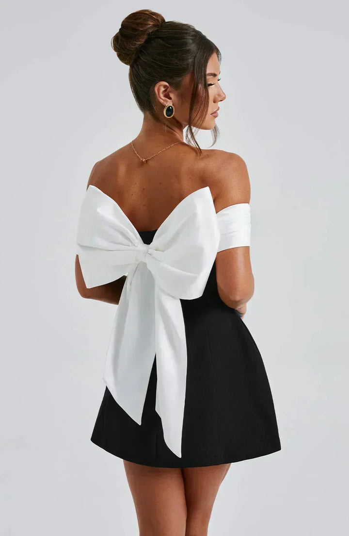 Nadia - Women's short two-tone off-the-shoulder dress with bow