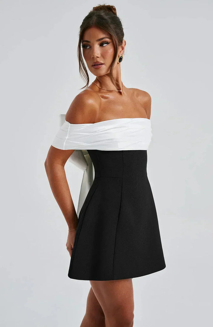 Nadia - Women's short two-tone off-the-shoulder dress with bow