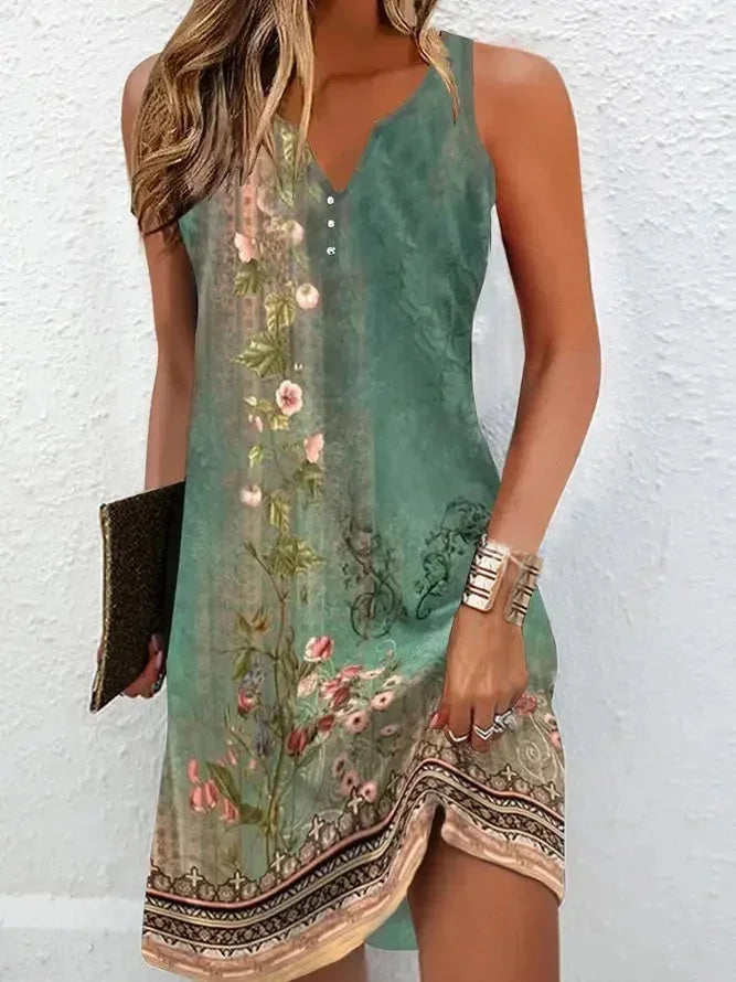 Quinn - Women's short bohemian floral dress with V-neck for summer