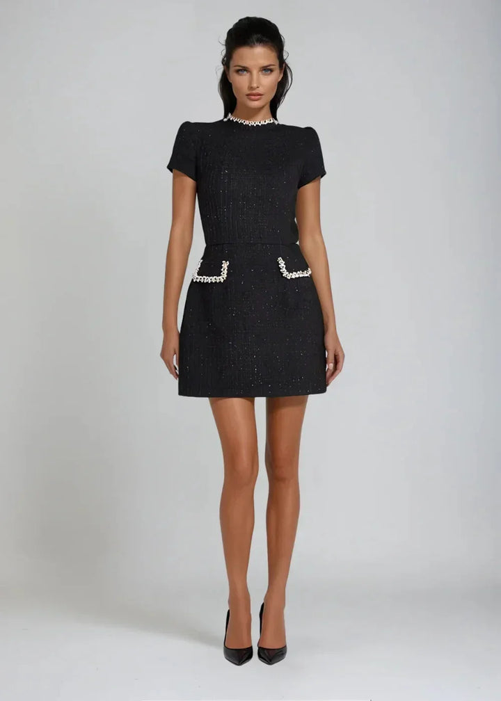 Brielle - Women's short evening dress with high beaded neckline