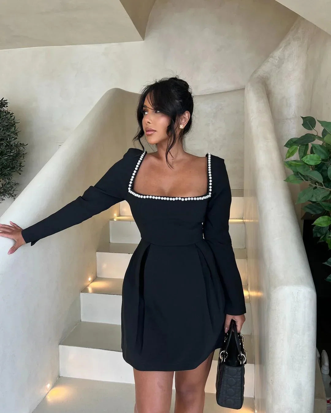 Women’s Black Short Dress with Pearl Details