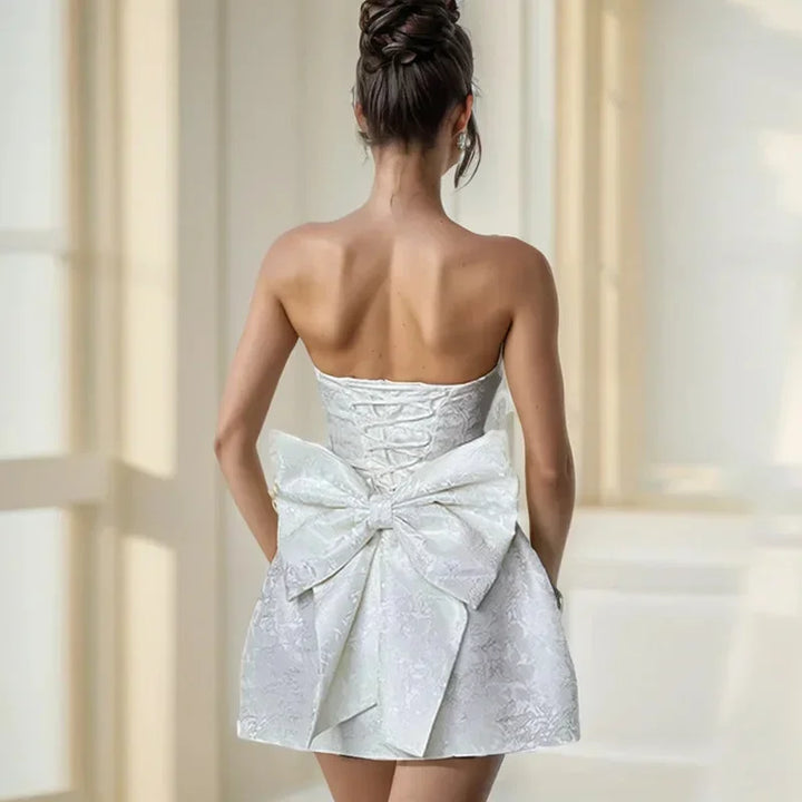 Emilia - Women's short strapless jacquard dress with open back