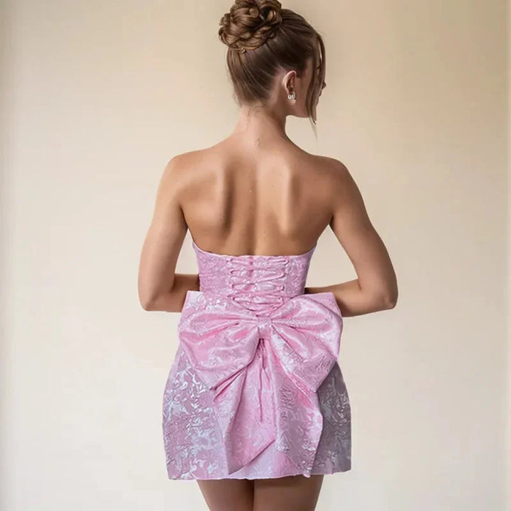 Emilia - Women's short strapless jacquard dress with open back