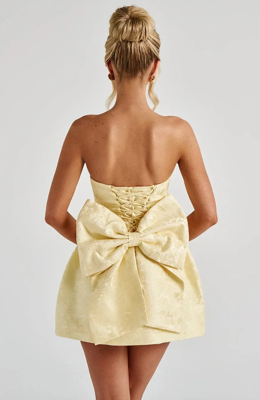 Emilia - Women's short strapless jacquard dress with open back
