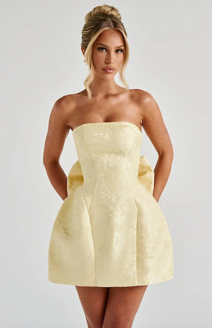 Emilia - Women's short strapless jacquard dress with open back