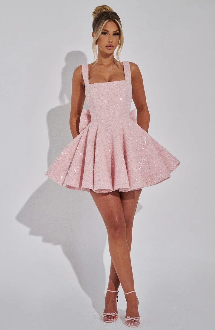 Celeste - Women's short sequined dress with straps and bow