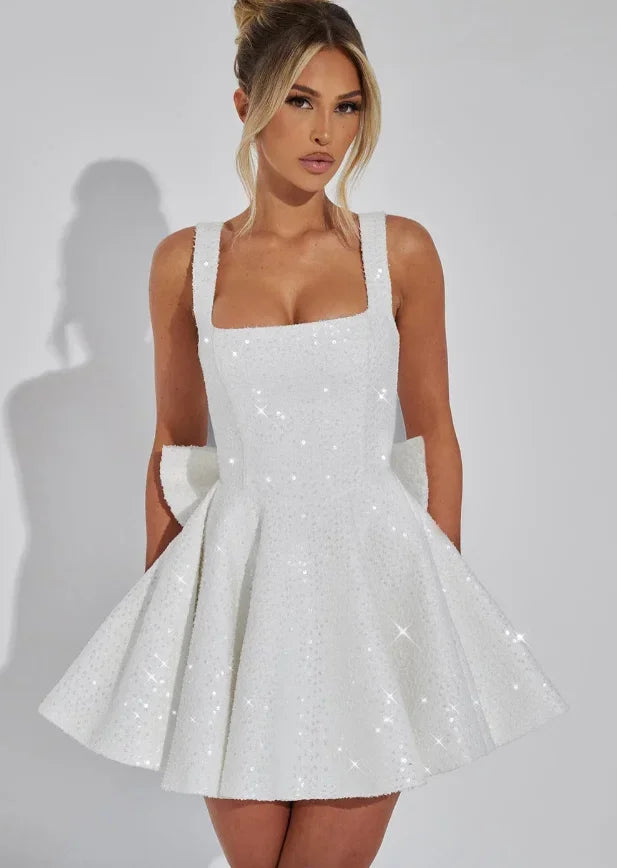 Celeste - Women's short sequined dress with straps and bow