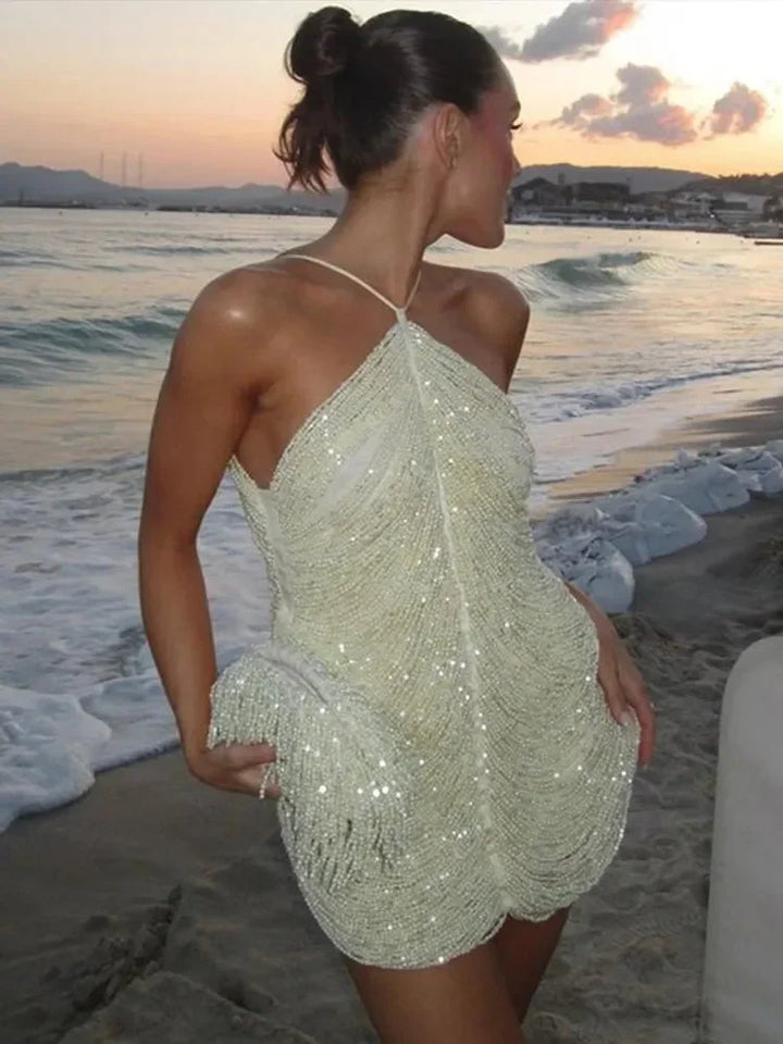 Leah - Women's short cocktail dress with sequins and halter neck
