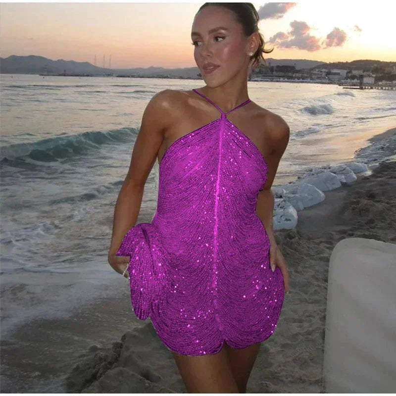 Leah - Women's short cocktail dress with sequins and halter neck