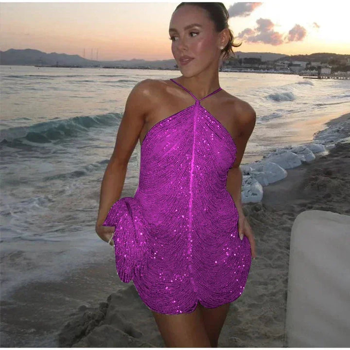 Leah - Women's short cocktail dress with sequins and halter neck