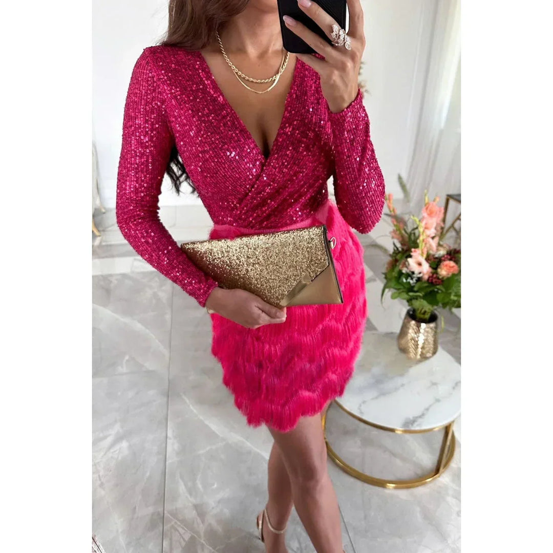 Noelle - Women's short dress with sequins, long sleeves, crossover skirt, and feathers
