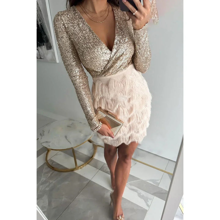 Noelle - Women's short dress with sequins, long sleeves, crossover skirt, and feathers