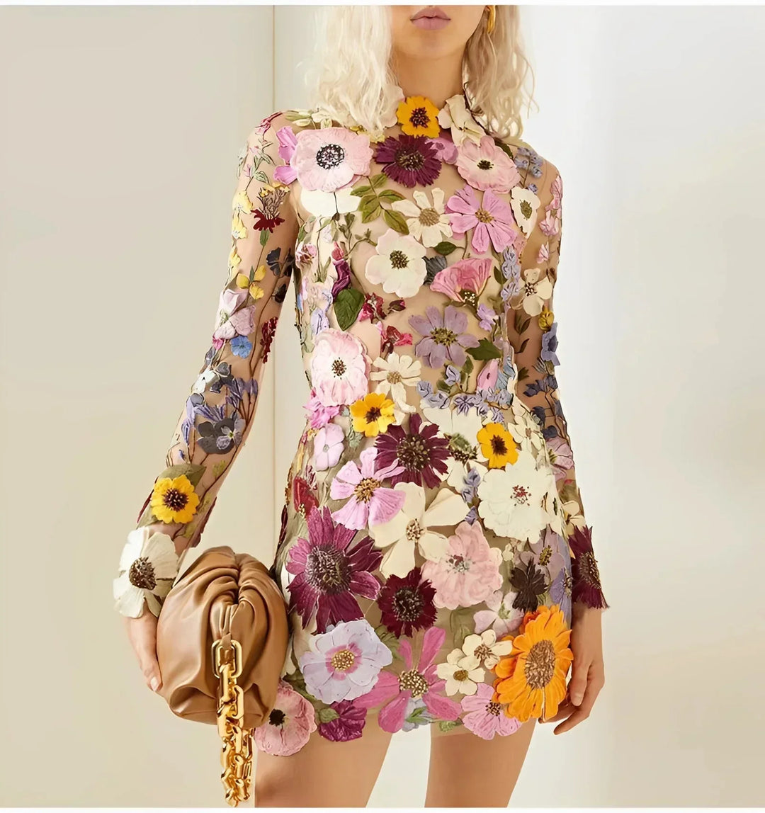 Megan - Women's short sheer floral dress with long sleeves for evening