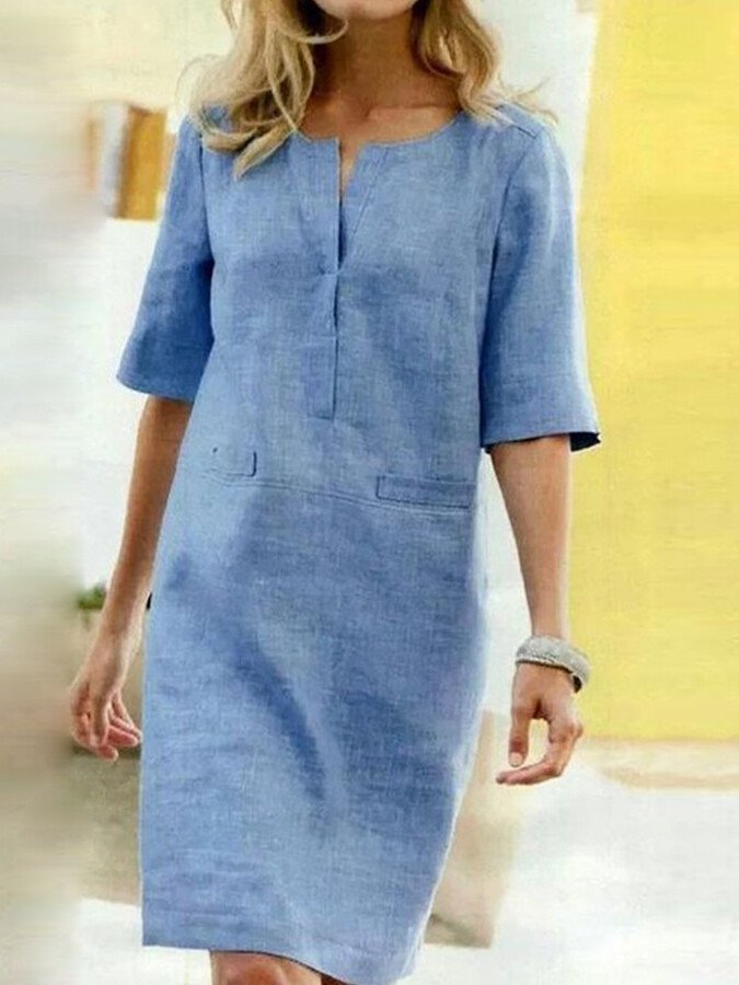Split Neck Half Sleeve Patch Pocket Casual Linen Midi Dress