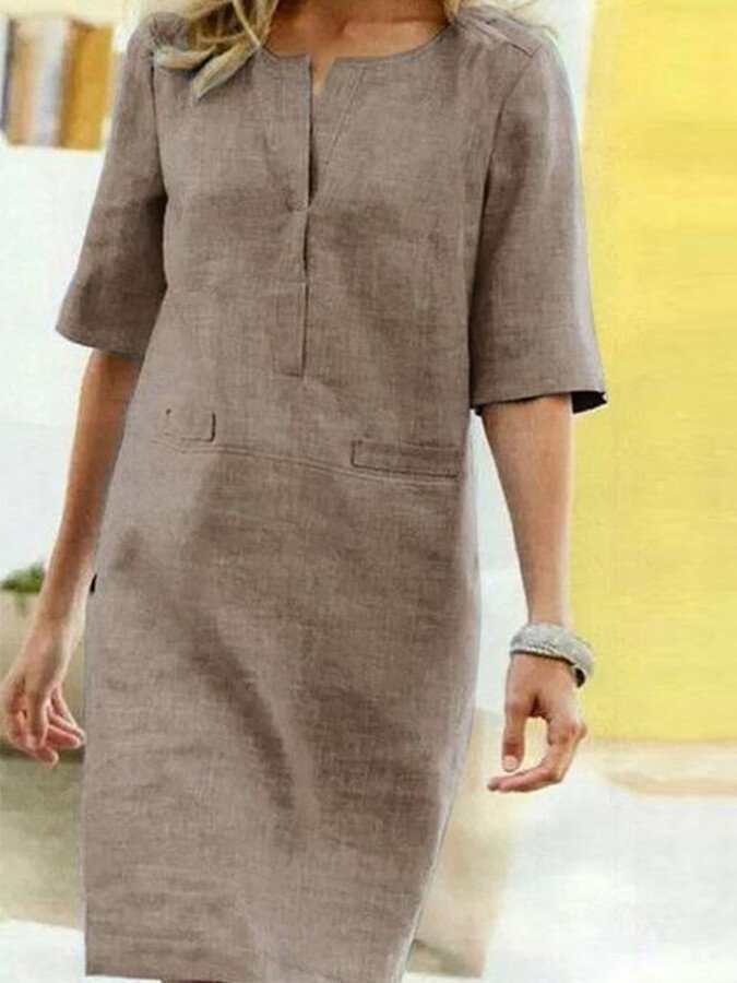 Split Neck Half Sleeve Patch Pocket Casual Linen Midi Dress