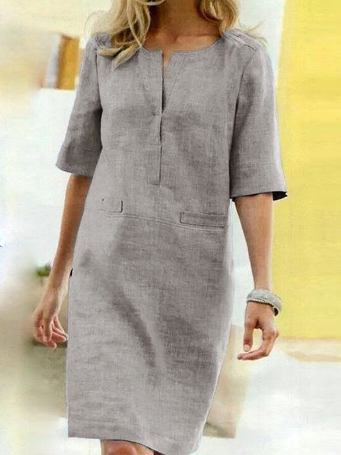 Split Neck Half Sleeve Patch Pocket Casual Linen Midi Dress