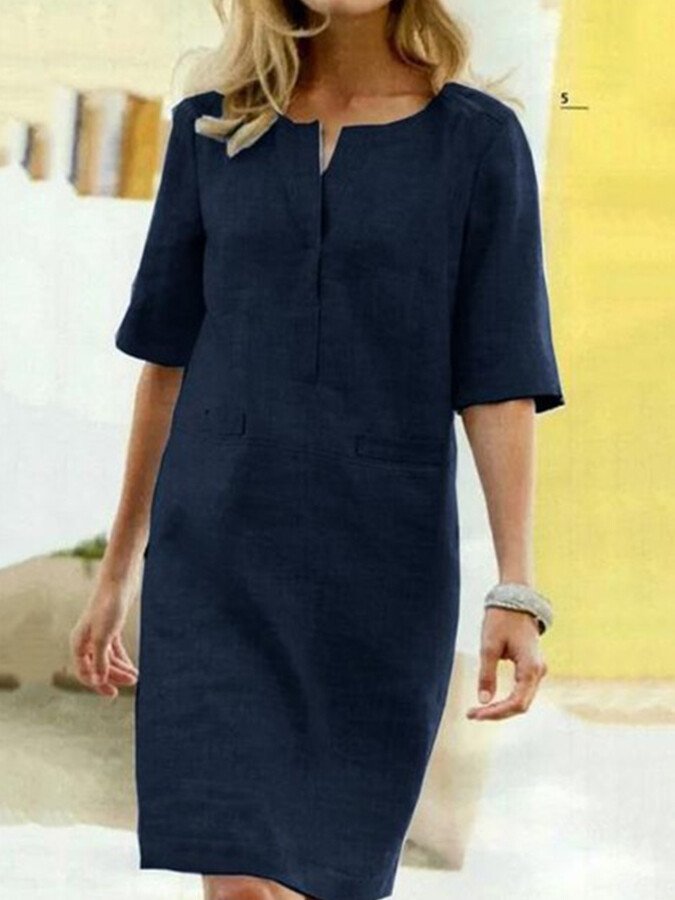 Split Neck Half Sleeve Patch Pocket Casual Linen Midi Dress