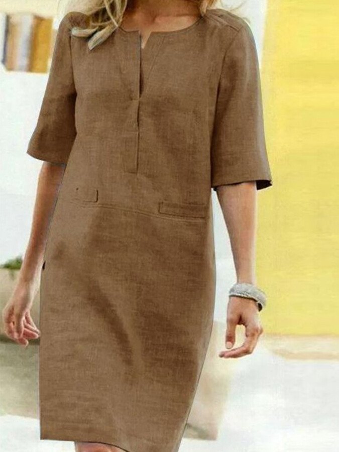 Split Neck Half Sleeve Patch Pocket Casual Linen Midi Dress