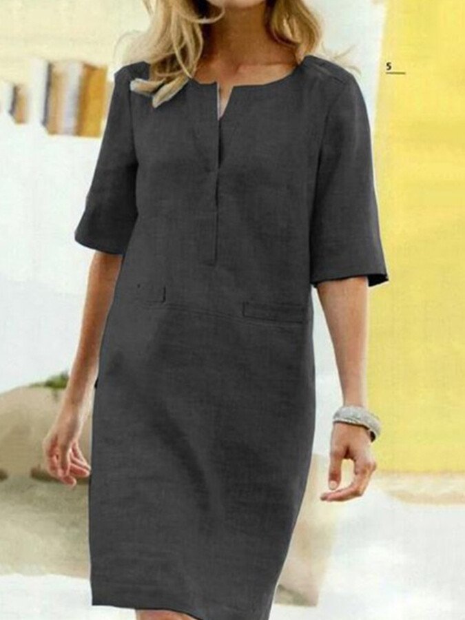 Split Neck Half Sleeve Patch Pocket Casual Linen Midi Dress