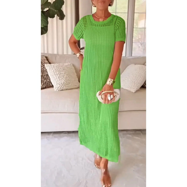 Open Knit Crochet Mesh Short Sleeve Maxi Dress
