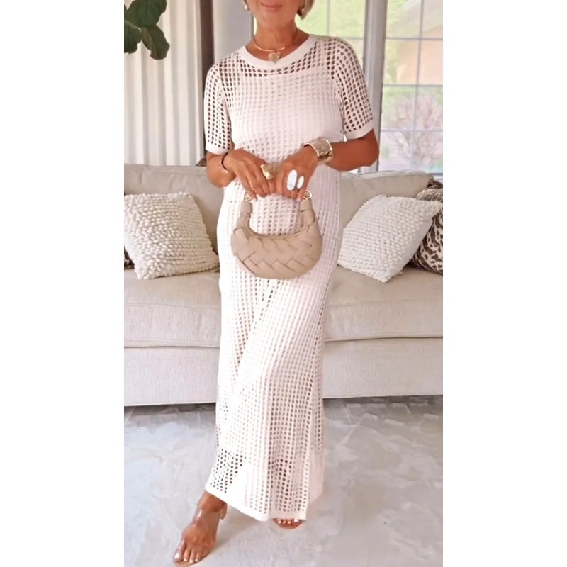 Open Knit Crochet Mesh Short Sleeve Maxi Dress