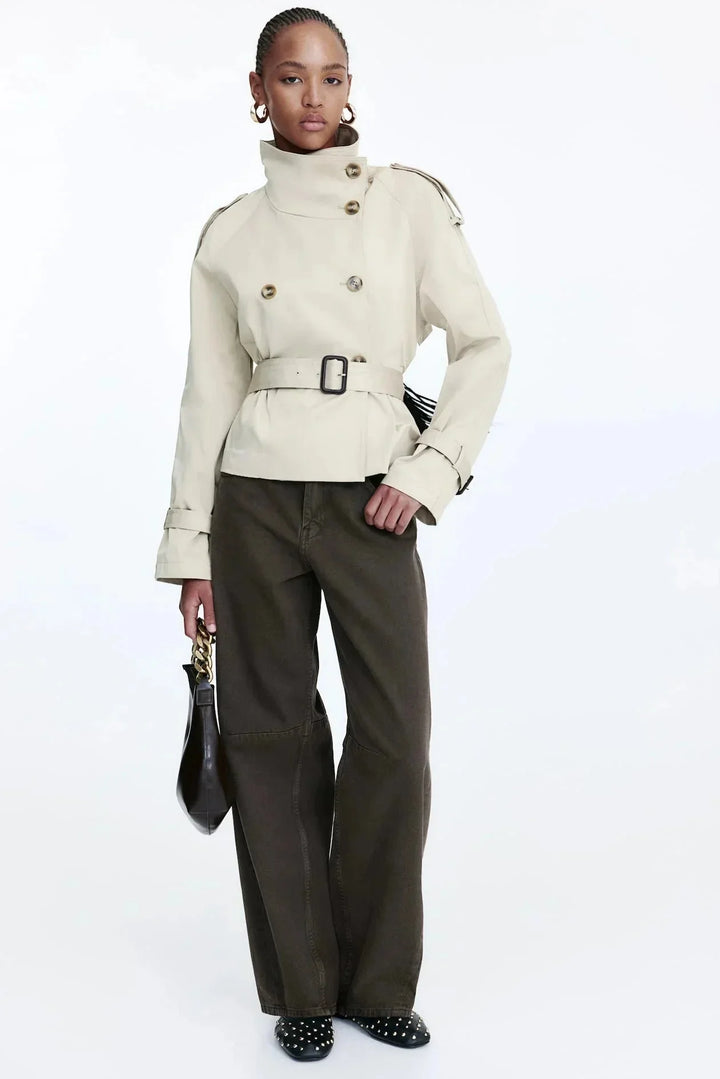 Gemma - Women's trench coat with high collar and tied belt