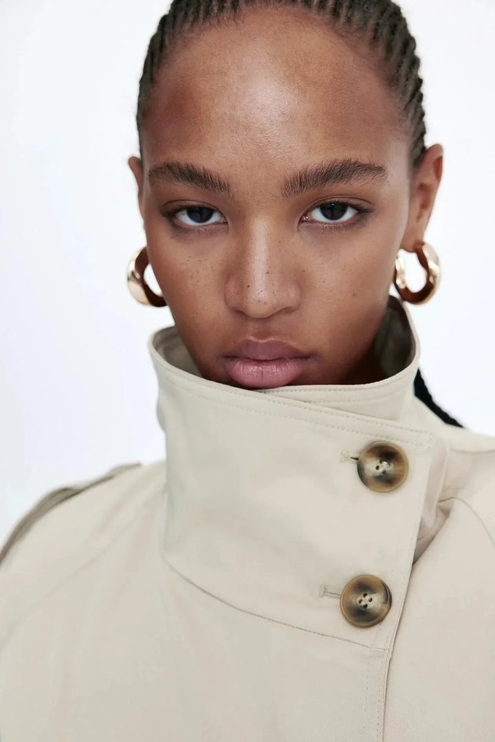 Gemma - Women's trench coat with high collar and tied belt