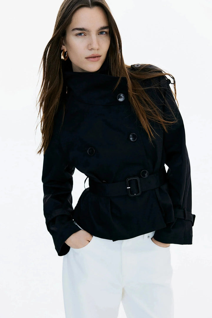 Gemma - Women's trench coat with high collar and tied belt
