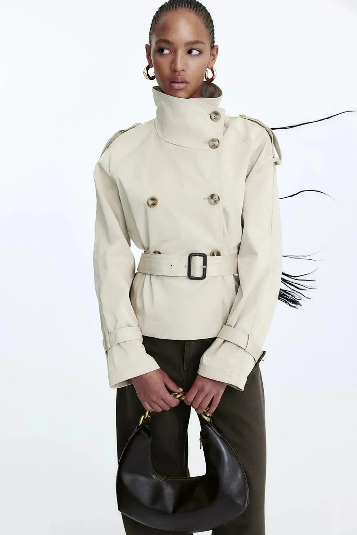 Gemma - Women's trench coat with high collar and tied belt